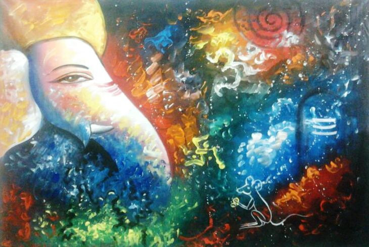 Ganesha And Mushak (ART_1229_46456) - Handpainted Art Painting - 36in X 24in