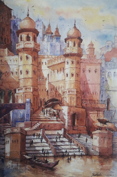 Varanasi Ghat-3 (ART_5995_46421) - Handpainted Art Painting - 15in X 22in