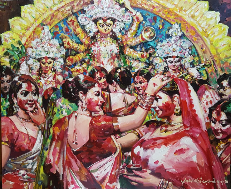 Sindur Khela Acrylic on Canvas by Contemporary Artist (ART_7308_46523) - Handpainted Art Painting - 34in X 28in