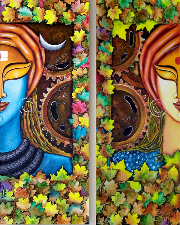 Gauri Shankar (ART_7352_46806) - Handpainted Art Painting - 16in X 30in