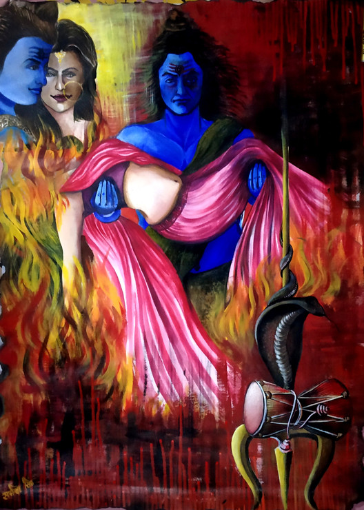 Demise of Sati (ART_30_46827) - Handpainted Art Painting - 22in X 30in