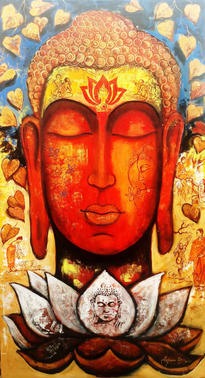 Devotion of Buddha #4 (ART_82_46921) - Handpainted Art Painting - 33in X 60in