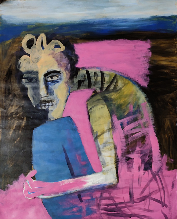 The man and the pink (ART_79_46898) - Handpainted Art Painting - 28in X 35in