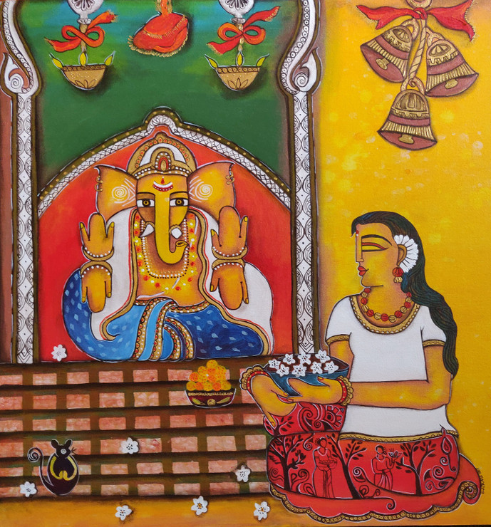 Ganesh bhakti [NV 2] (ART_5103_46913) - Handpainted Art Painting - 36in X 36in