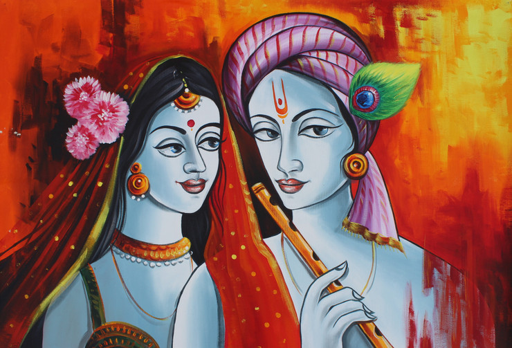The Divine Radha Krishna-07 (ART_3319_47188) - Handpainted Art Painting - 36in X 24in