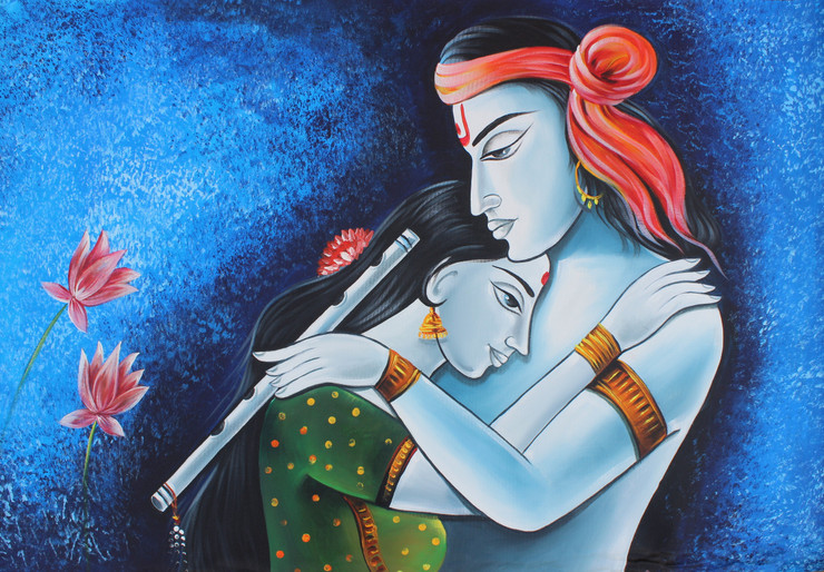 The Divine Radha Krishna-06 (ART_3319_47187) - Handpainted Art Painting - 36in X 24in