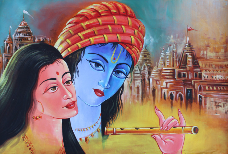 The Divine Radha Krishna-05 (ART_3319_47185) - Handpainted Art Painting - 36in X 24in
