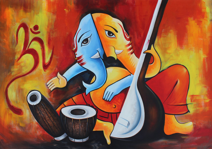 Musical Ganesha-005 (ART_3319_47174) - Handpainted Art Painting - 36in X 24in