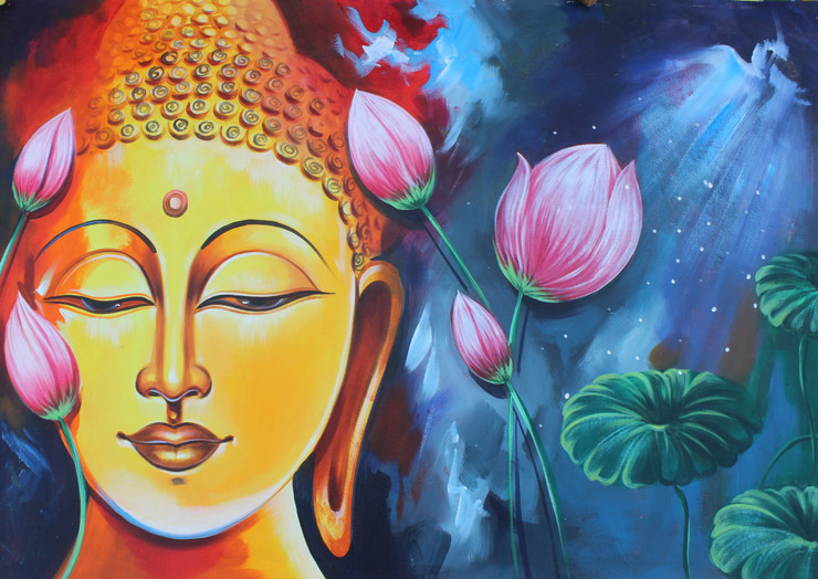 Buddha with lotus (ART_3319_47168) - Handpainted Art Painting - 36in X 24in