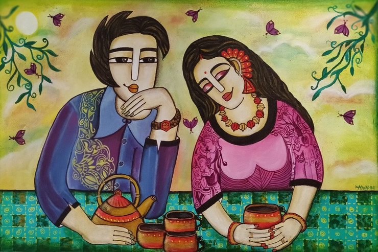 Morning Tea Together [NV 1] (ART_5103_47211) - Handpainted Art Painting - 36in X 24in