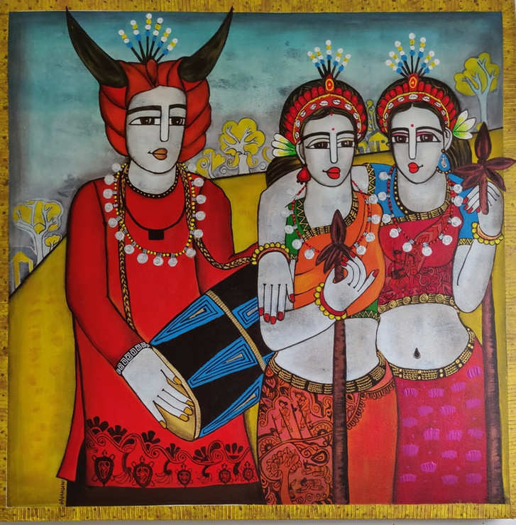 Tribal couple (ART_5103_47206) - Handpainted Art Painting - 36in X 36in