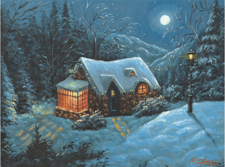 The Christmas Cottage (ART_4815_47092) - Handpainted Art Painting - 16in X 12in