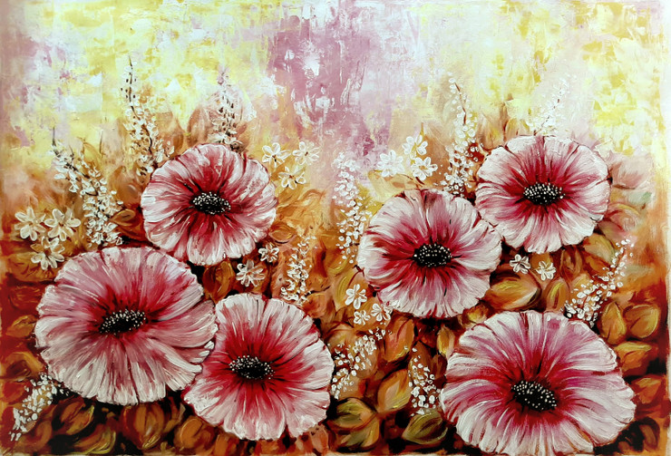 Pink Flowers (ART_7364_47075) - Handpainted Art Painting - 29in X 21in