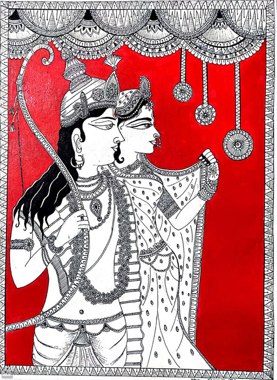 LORD RAMA AND GODDESS SITA (ART_7365_47056) - Handpainted Art Painting - 22in X 26in