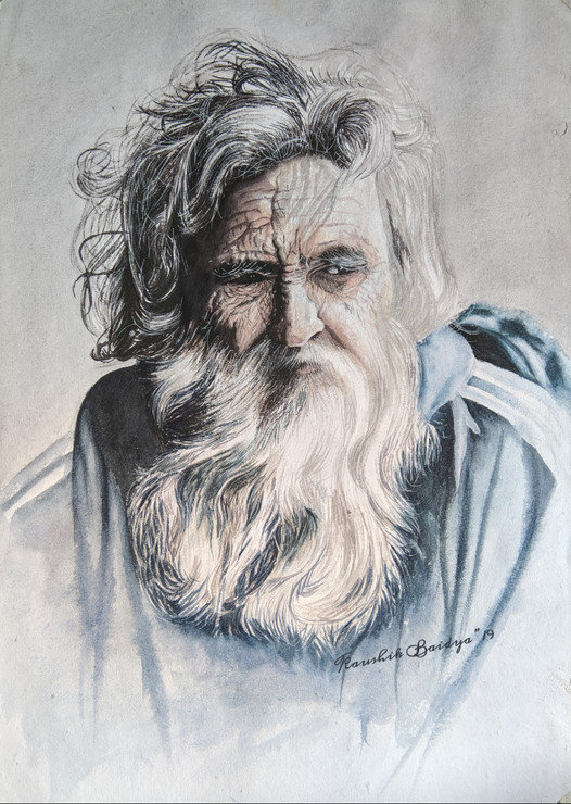 Alert Old Man (ART_7373_47217) - Handpainted Art Painting - 15in X 22in