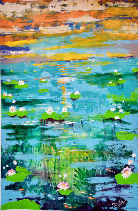 Sunset by the lake (ART_7368_47083) - Handpainted Art Painting - 14in X 21in