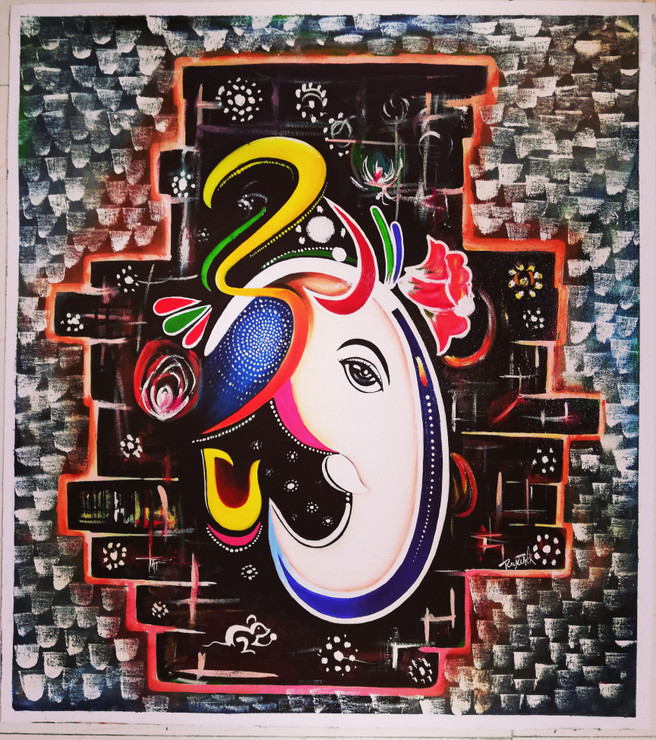 The Lord Ganesha  (ART_7271_47115) - Handpainted Art Painting - 24in X 26in