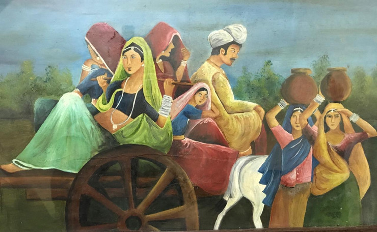 Evening at a village (ART_7359_46989) - Handpainted Art Painting - 21in X 11in