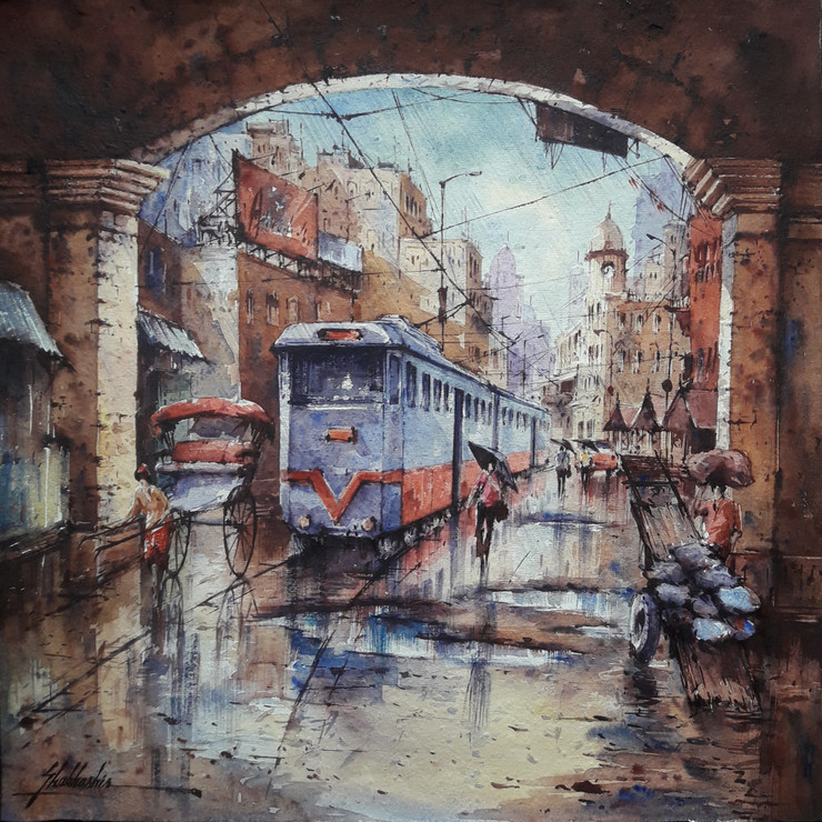 The Way Of Tram-3 (ART_5995_47604) - Handpainted Art Painting - 15in X 15in