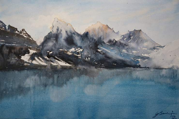 Lake Gokyo (ART_7406_47574) - Handpainted Art Painting - 22in X 15in