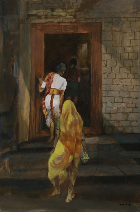 Women entering a rural temple (ART_6267_47498) - Handpainted Art Painting - 24in X 36in