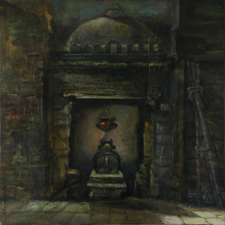 Rural Temple (ART_6267_47496) - Handpainted Art Painting - 24in X 24in
