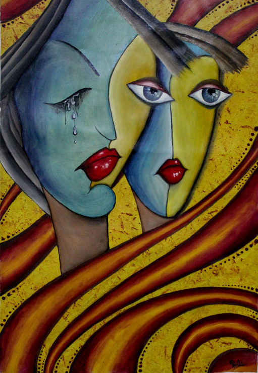 Two sides of faces  (ART_7383_47475) - Handpainted Art Painting - 17in X 25in