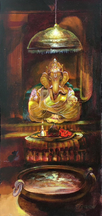 Lord Ganesha and a pooja thali (ART_6267_47481) - Handpainted Art Painting - 8in X 18in