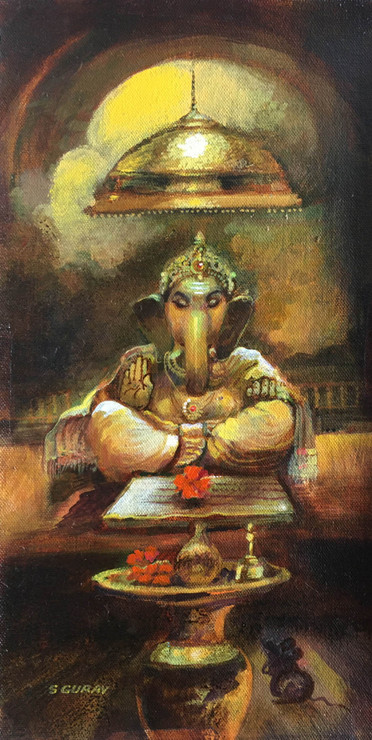Lord Ganesha with pooja thali and hibiscus flowers (ART_6267_47479) - Handpainted Art Painting - 8in X 15in