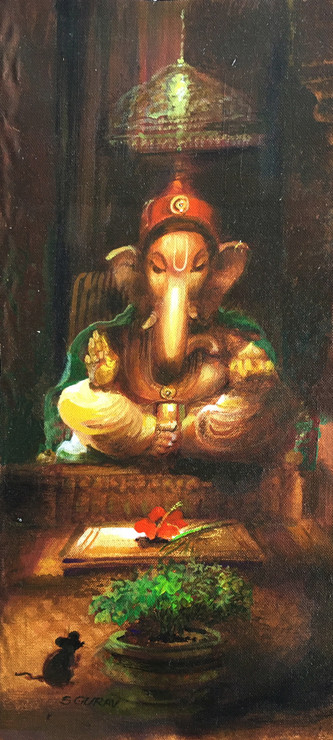 Lord Ganesha-Peshwai style (ART_6267_47474) - Handpainted Art Painting - 8in X 17in