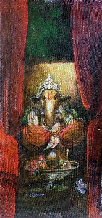 Lord Ganesha seen through royal red curtains (ART_6267_47473) - Handpainted Art Painting - 7in X 15in