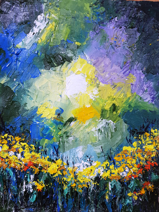 SUNSHINE IN PALETTE KNIFE TECHNIQUE (ART_7410_47685) - Handpainted Art Painting - 9in X 12in