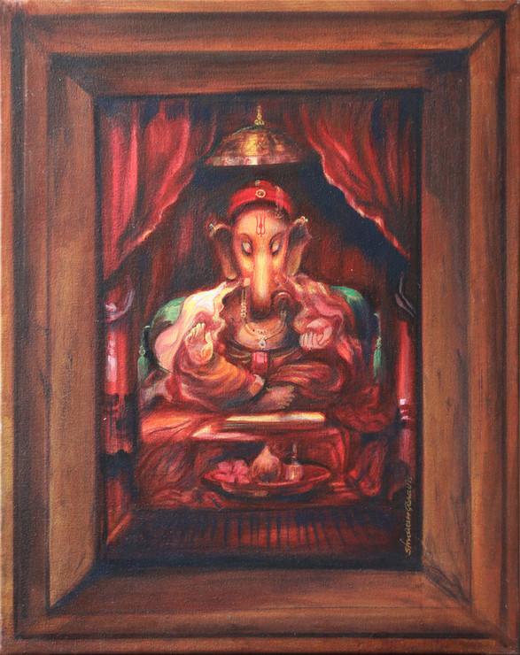Lord Ganesha seated in a rural temple (ART_6267_47760) - Handpainted Art Painting - 16in X 20in