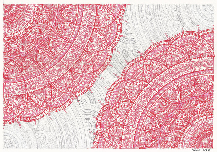 Quarter Circle Mandala in Red (ART_7434_47891) - Handpainted Art Painting - 16in X 12in