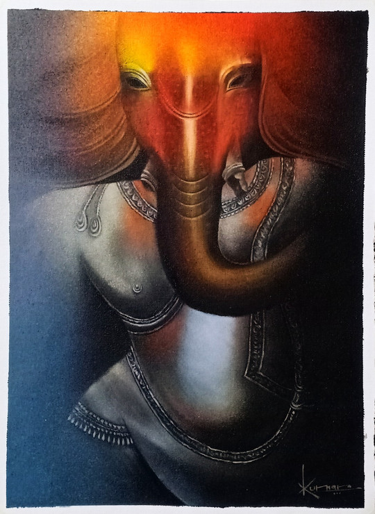 Ganesha (ART_7450_48098) - Handpainted Art Painting - 13in X 18in