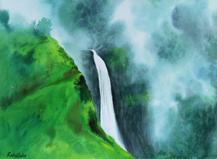 Kune Waterfall Lonavala (ART_7447_48076) - Handpainted Art Painting - 15in X 11in