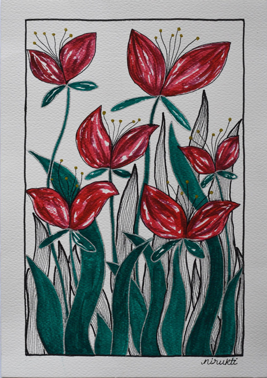 Red blossoms (ART_7427_48016) - Handpainted Art Painting - 8in X 12in