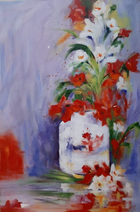 RED FLOWER VASE | Acrylic | Paintings@VrushaliKamthe (ART_1180_47994) - Handpainted Art Painting - 20in X 30in