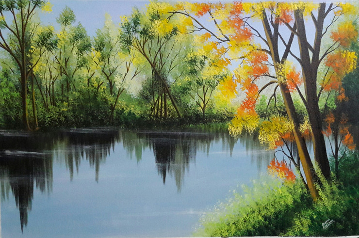 Spring trees near lakeside (ART_7255_47986) - Handpainted Art Painting - 37in X 24in