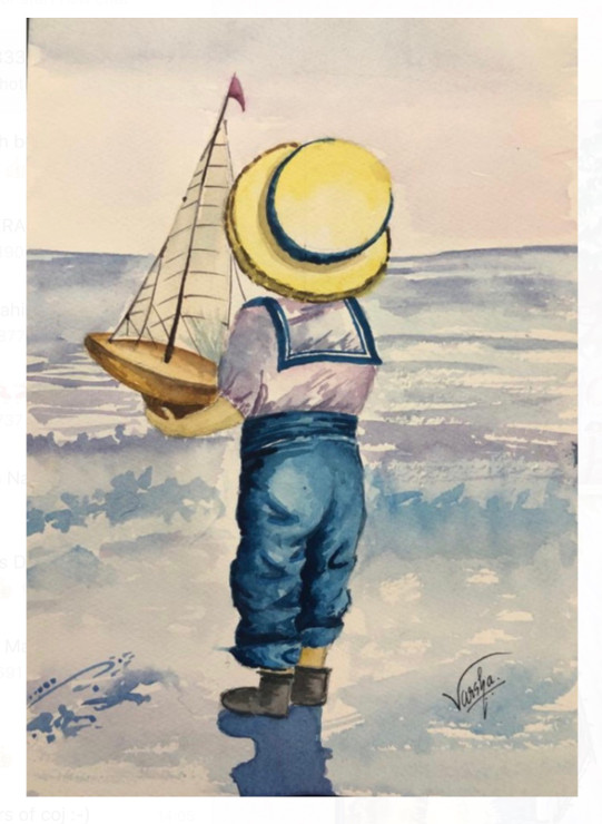 Boy at the sea shore (ART_7420_47816) - Handpainted Art Painting - 8in X 12in