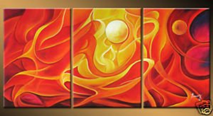 Sun and Fire - 48in X 24in (16in x 24in each x 3pcs.),RTCS_59_4824,Multipiece,Acrylic Colors,Canvas,Abstract,Red Background,Sun,Fire - Buy Canvas Painting Online in India.