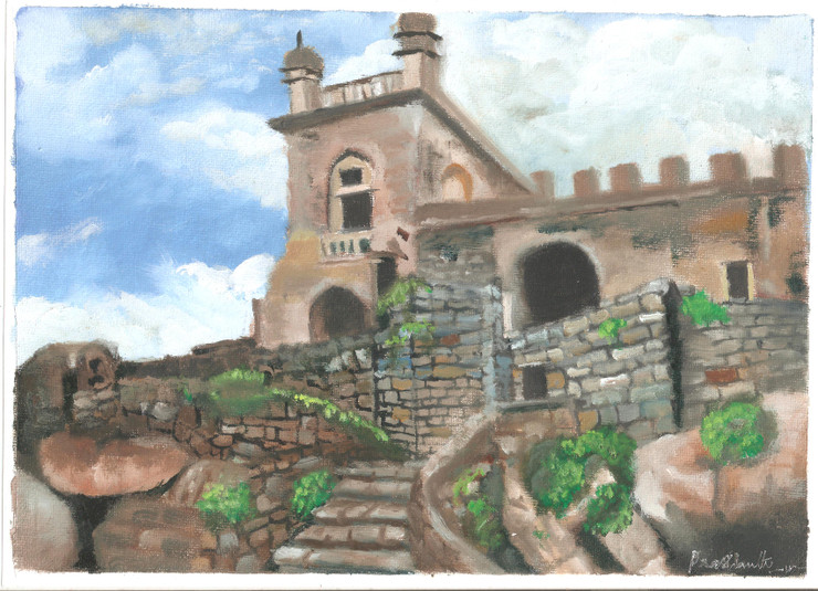 Golkonda Fort (ART_7463_48214) - Handpainted Art Painting - 12in X 9in