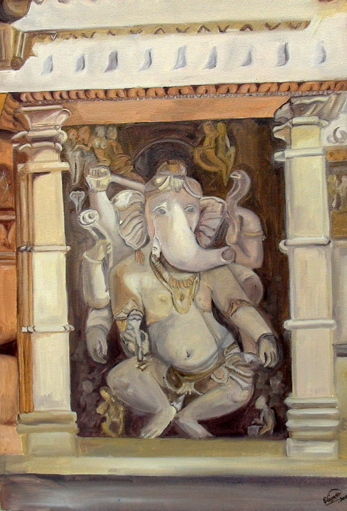 GANESHA IN SCULPTURE FORM (ART_1372_48534) - Handpainted Art Painting - 15in X 22in