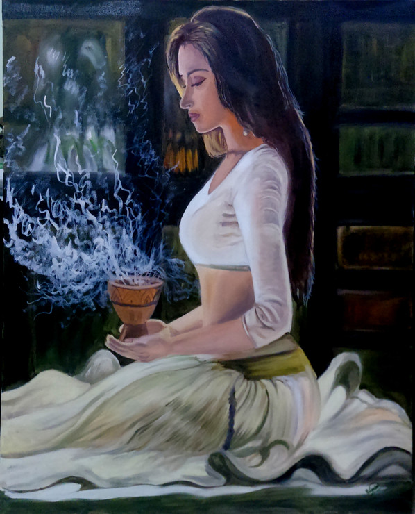 LADY WITH INCENSE (ART_1372_48491) - Handpainted Art Painting - 24in X 30in