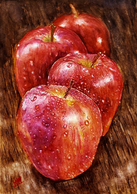 Droplets On Apples Fruits Indian Painting (ART_7460_48182) - Handpainted Art Painting - 12in X 16in