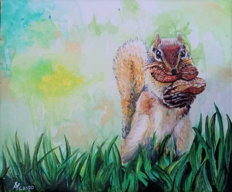 Squirrel eating Nuts (ART_7494_48514) - Handpainted Art Painting - 12in X 10in