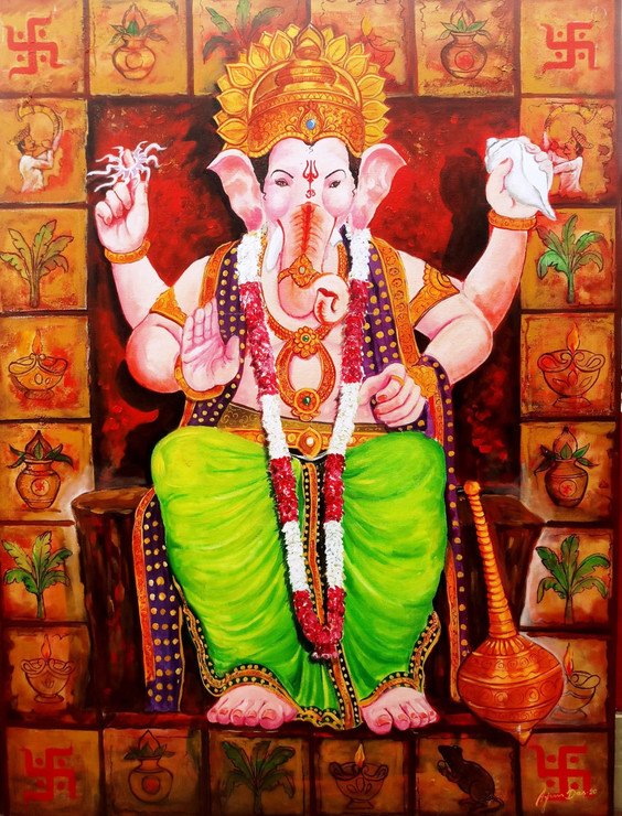 Laalbagcha raja Ganesha (ART_82_48837) - Handpainted Art Painting - 36in X 48in