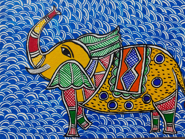 Madhubani Mithila Painting Elephant (ART_4844_48779) - Handpainted Art Painting - 7in X 5in