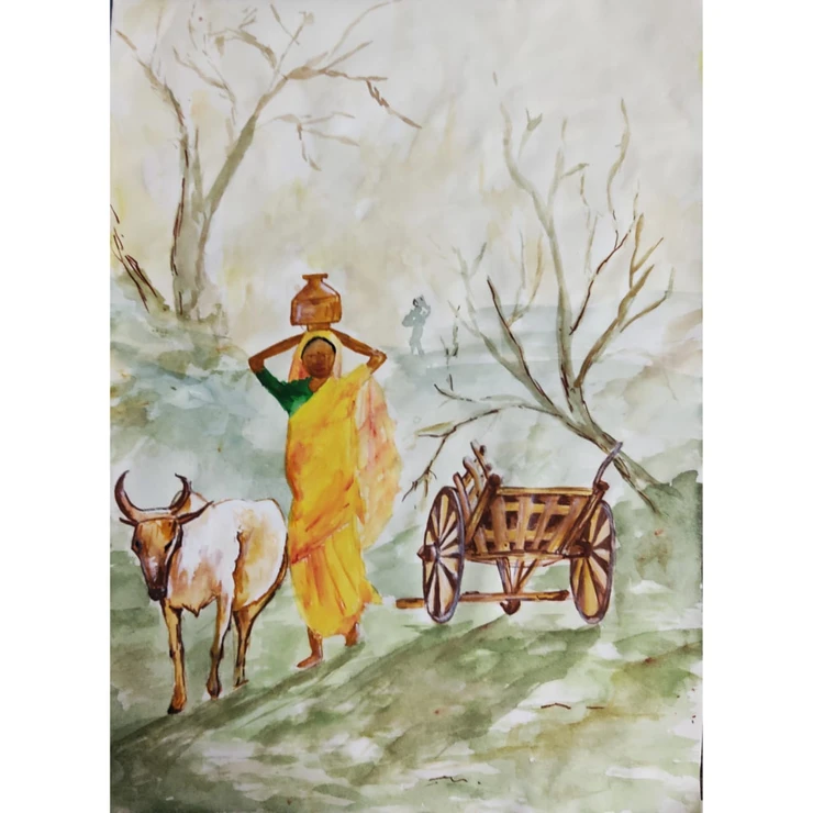Cattle woman cart and forest village (ART_7505_48670) - Handpainted Art Painting - 12in X 16in