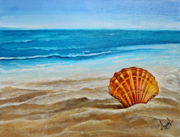 Sea Shell on the Sea-Shore (ART_7504_48718) - Handpainted Art Painting - 10in X 8in